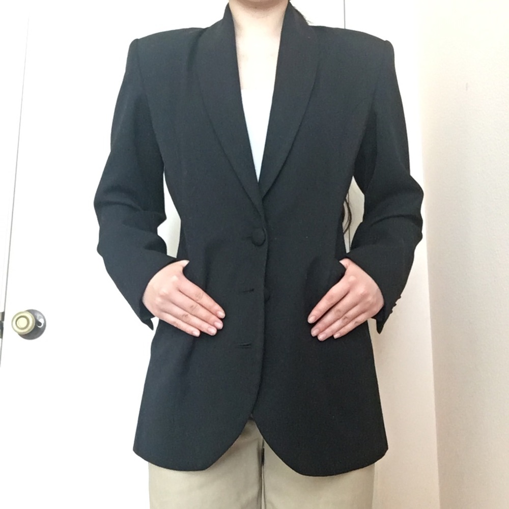 Vintage Women's Petite Black Business Button Down Padded Blazer Jacket
